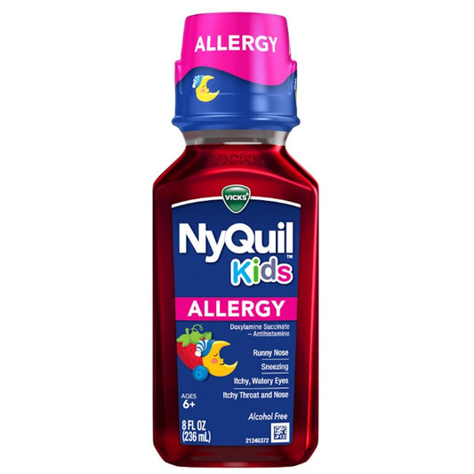Vicks NyQuil Kids liquid cough syrup in a 236ml bottle, designed for children, with a clear label and child-friendly packaging.