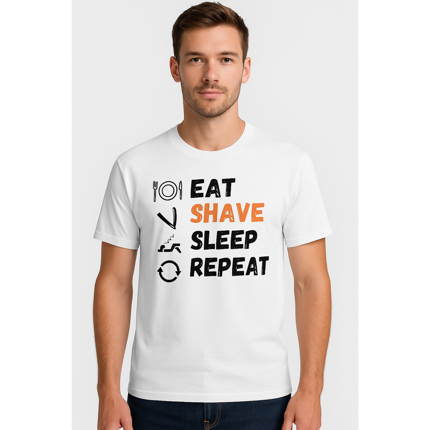 White graphic T-shirt by Pasteur Pharmacy featuring "Eat Shave Sleep Repeat" design, casual fit, and comfortable fabric.