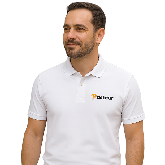 White Pasteur Polo Shirt, a classic short-sleeve t-shirt from Pasteur Pharmacy with a comfortable fit and simple design.