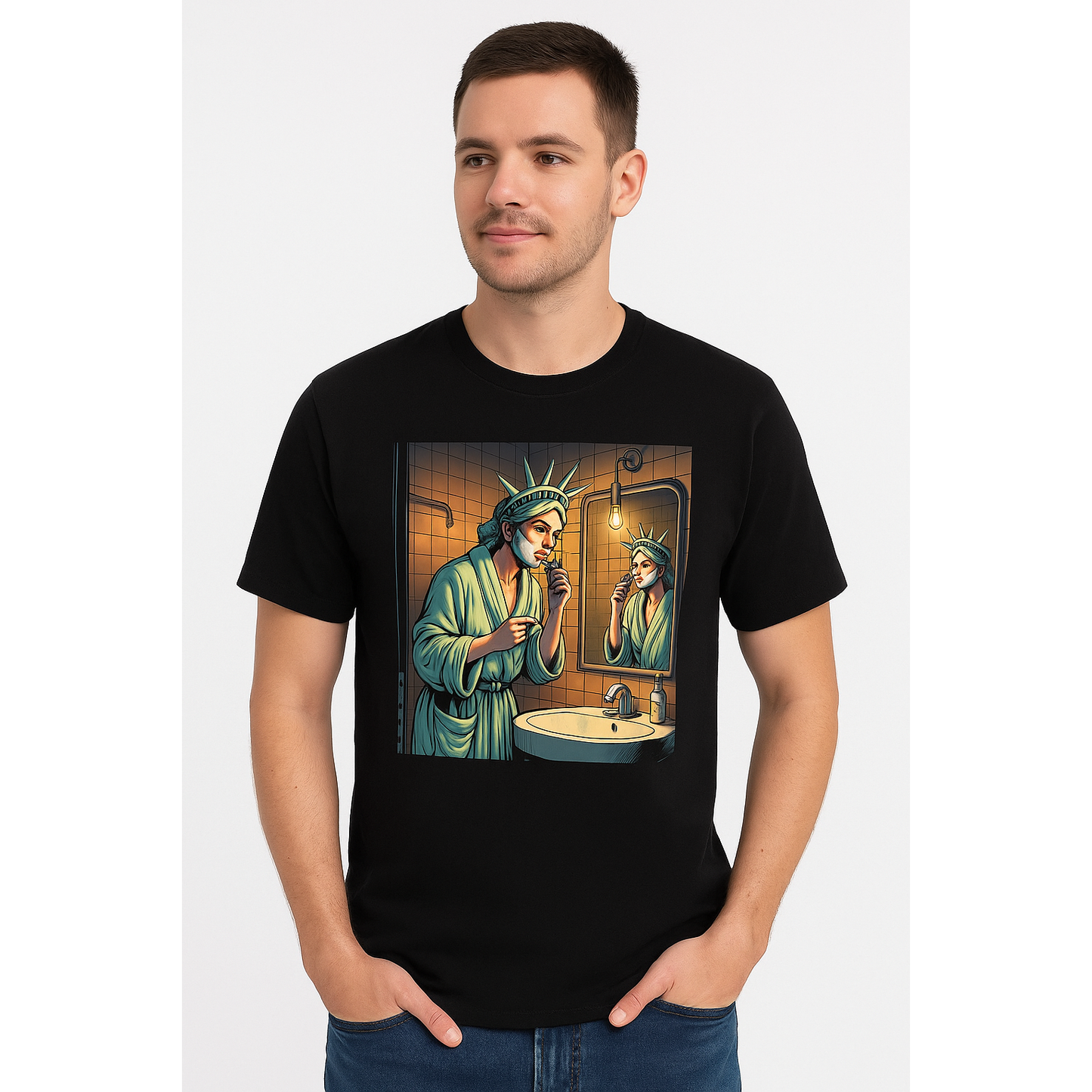 Black graphic t-shirt featuring a Pasteur Statue of Liberty shaving design, perfect for casual wear and patriotic style.