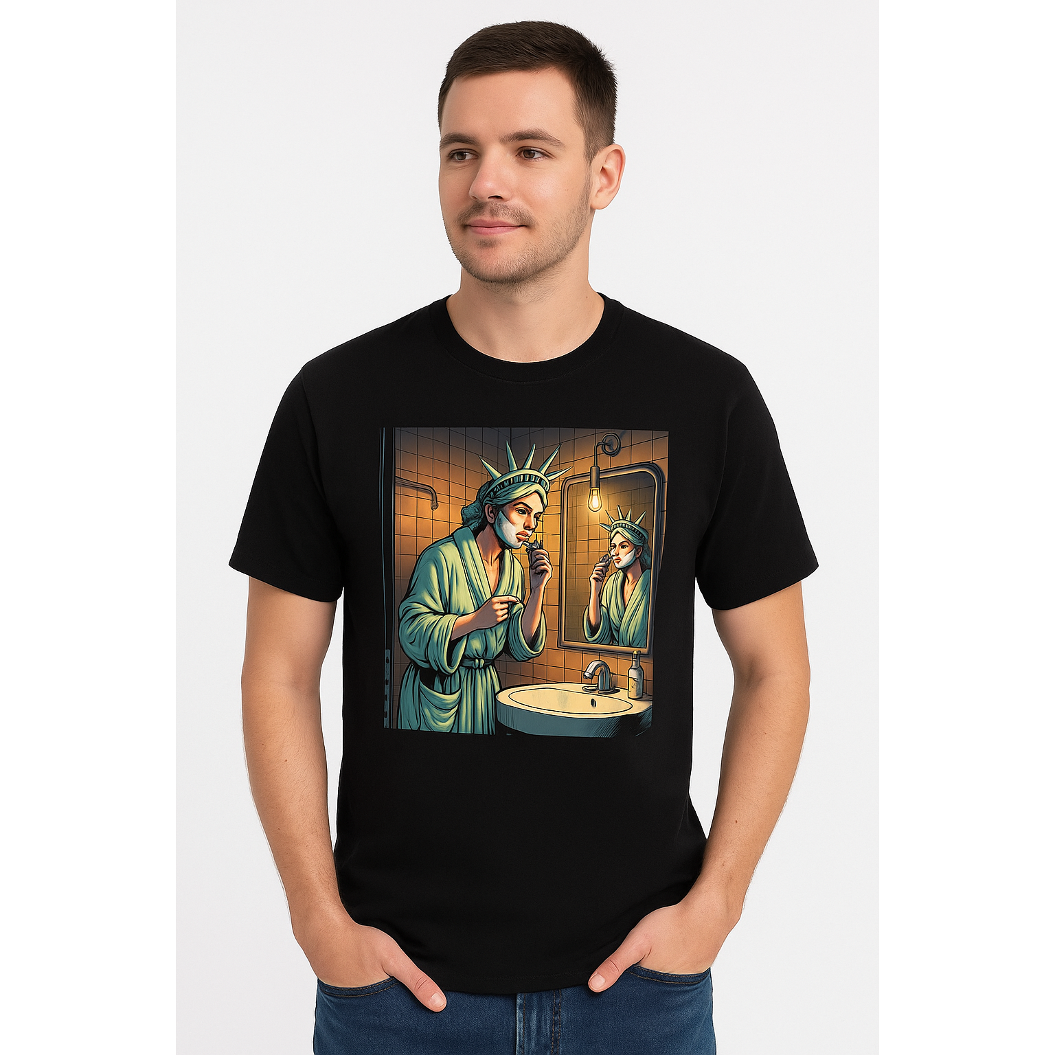 Black graphic t-shirt featuring a Pasteur Statue of Liberty shaving design, perfect for casual wear and patriotic style.
