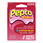 Pepto-Bismol Chew Tablets in a clear blister pack, showing small, oval, pink medication tablets for upset stomach relief.