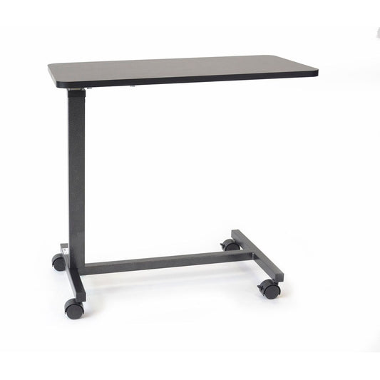 Roscoe Medical overbed table with non-tilt top, white metal frame and flat surface, ideal for bedside or hospital use