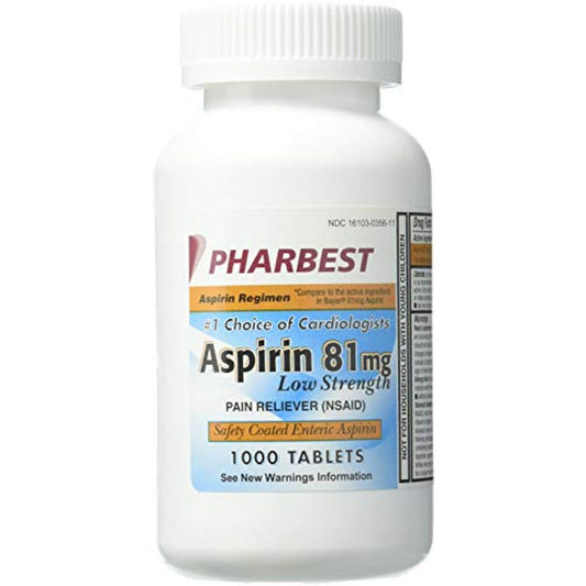 A box of Aspirin PHARBEST 81mg tablets for pain relief, featuring 1000 tablets in a white and blue packaging.