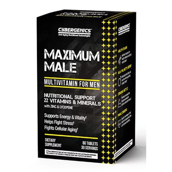 CyberGenics Maximum Male multivitamin tablets for men shown in blister pack, designed for daily dietary supplement intake.