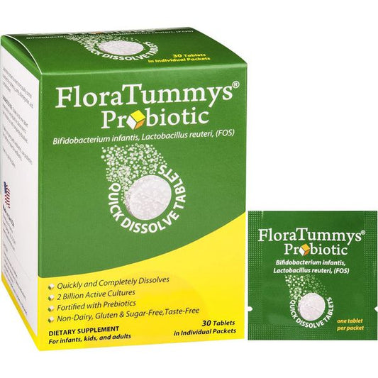 FloraTummys probiotic quick dissolve tablets for adults, kids, and infants, displayed on a tablet computer screen.