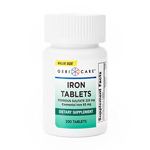 GeriCare Ferrous Sulfate 325 mg iron supplement tablets from Pasteur Pharmacy, showing 100 tablets in blister pack.