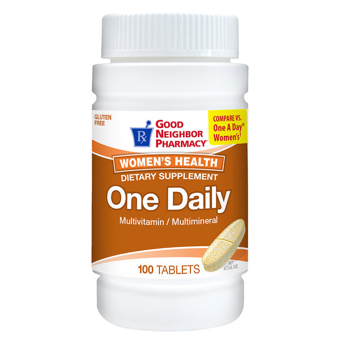 Good Neighbor Pharmacy One Daily Women's Tablets, Pasteur Pharmacy, 100-count bottle of multivitamin tablets for women.