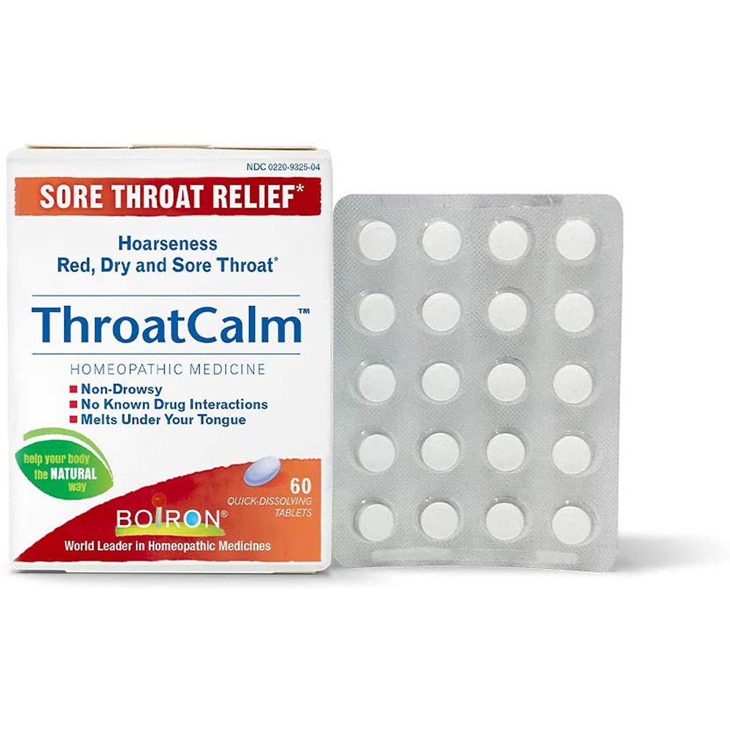Pasteur Pharmacy Boiron ThroatCalm homeopathic tablets for sore throat relief, showing blister pack and tablets on a white background.