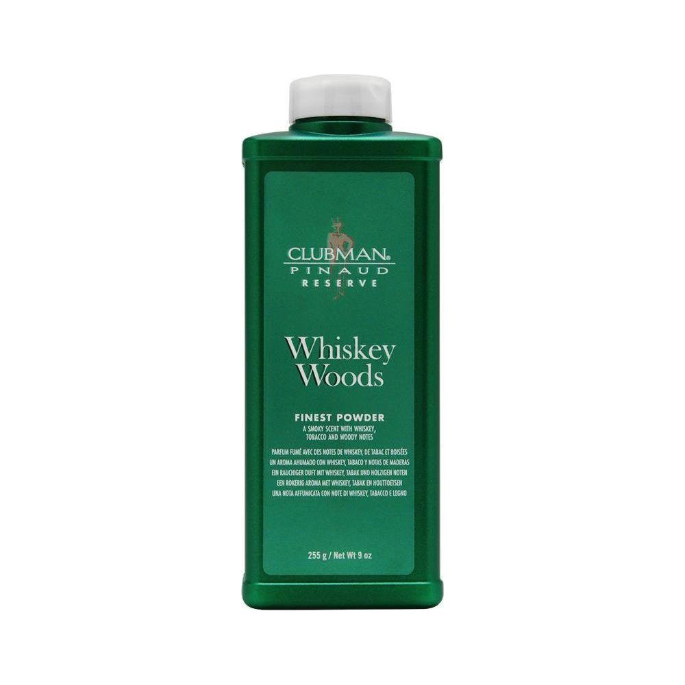 Clubman Pinaud Reserve Whiskey Woods talc powder in a 9 oz container, featuring whiskey and wood scent, from Pasteur Pharmacy.