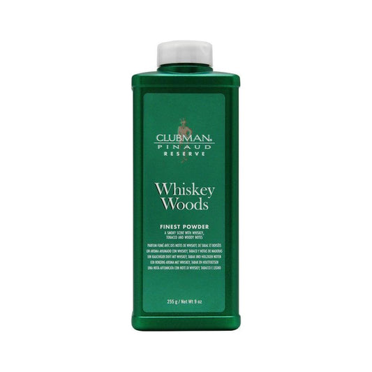 Clubman Pinaud Reserve Whiskey Woods talc powder in a 9 oz container, featuring whiskey and wood scent, from Pasteur Pharmacy.