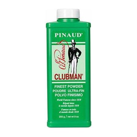 Clubman Pinaud Finest Powder, 9 oz talc powder in a white container with blue accents, designed for personal care and grooming.