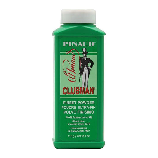 Clubman Pinaud Finest Talc 4.0 oz in a white powder container, used as a talcum powder for personal grooming.