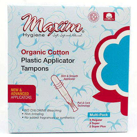 Organic Maxim tampons by Pasteur Pharmacy, pack of 14, shown in a close-up image with white packaging.