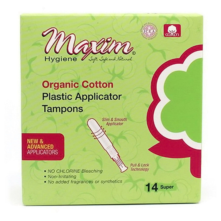 Organic Maxim tampons by Pasteur Pharmacy, 14-pack, showing the white tampon applicators and packaging with natural branding.