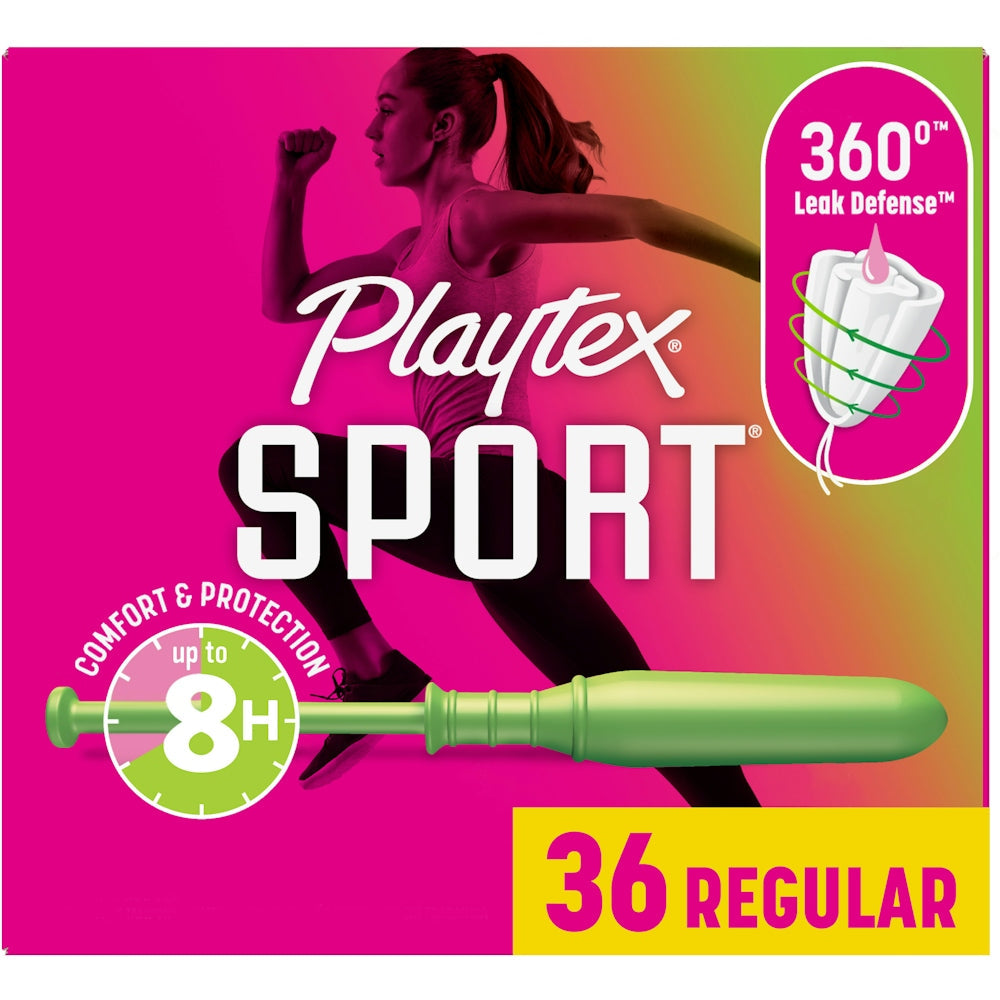 Playtex Sport tampons in regular absorbency, unscented, 36-count pack, designed for active women, by Pasteur Pharmacy.