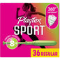 Playtex Sport tampons in regular absorbency, unscented, 36-count pack, designed for active women, by Pasteur Pharmacy.
