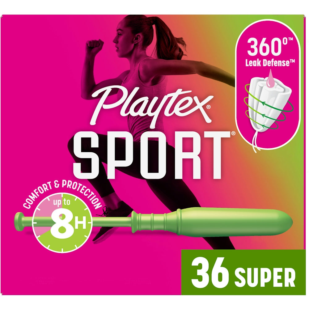 Playtex Sport tampons in a 36-count package, super absorbency, unscented, designed for active women, by Pasteur Pharmacy.