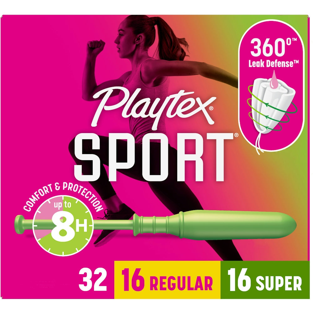 Playtex Sport tampons, super and regular multi-pack, 32 count, feminine hygiene products for active women.