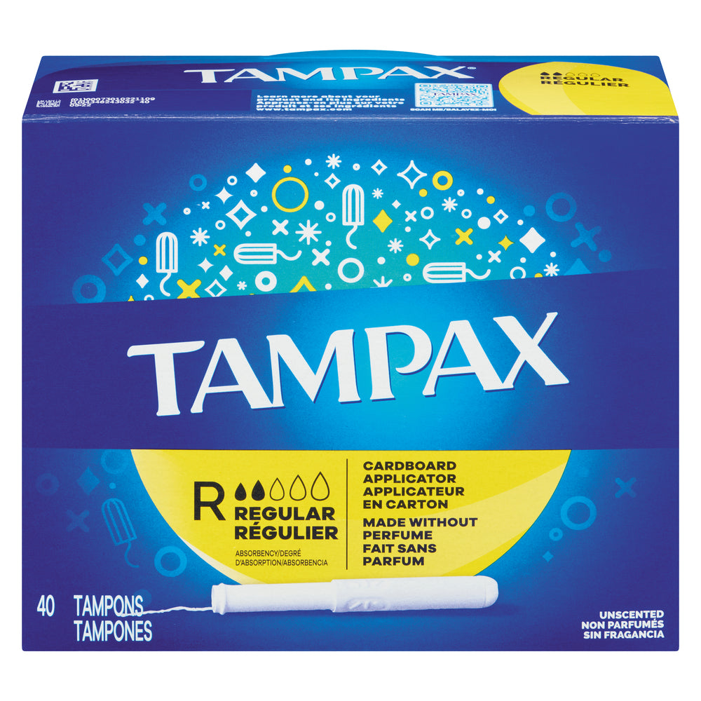 Regular absorbency Tampax cardboard applicator tampons by Pasteur Pharmacy, unscented and designed for comfortable use.