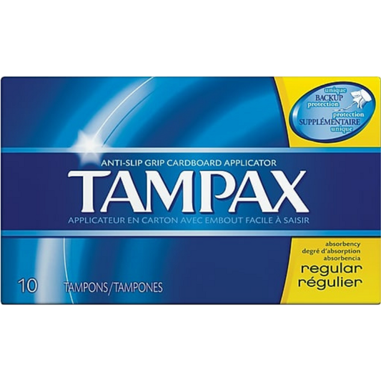 Pasteur Pharmacy Tampax Cardboard Tampons with regular absorbency, anti-slip grip, LeakGuard skirt, and unscented design.