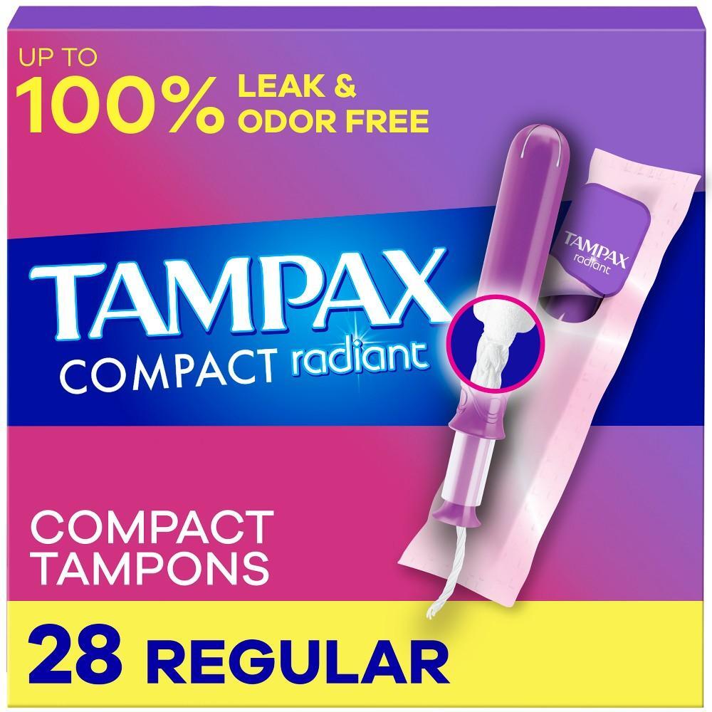 Tampax Compact Radiant Regular Absorbency Unscented Tampons in a 28-count pack, designed for comfortable, discreet protection.