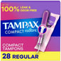 Tampax Compact Radiant Regular Absorbency Unscented Tampons in a 28-count pack, designed for comfortable, discreet protection.