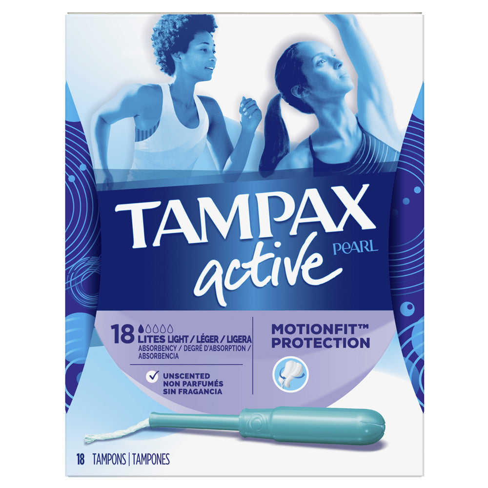 Unscented Tampax Pearl Active Light Absorbency tampons displayed in a box, designed for discreet and comfortable protection.