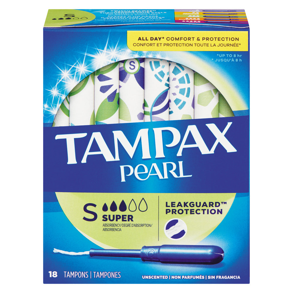 Tamax Pearl plastic super absorbency unscented tampons with applicator, designed for reliable feminine hygiene.