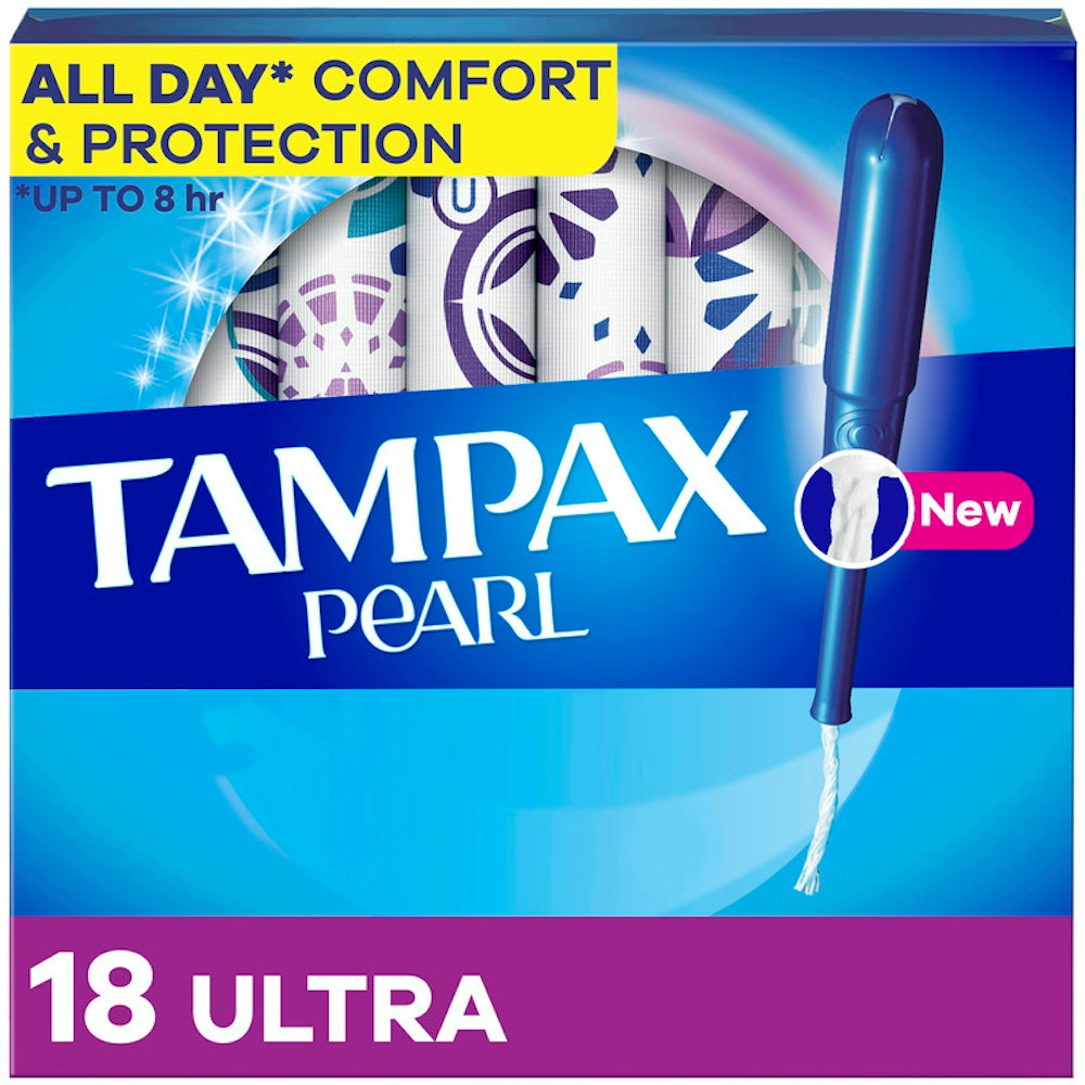 Tampax Pearl plastic tampons with ultra absorbency and unscented design for discreet feminine hygiene.