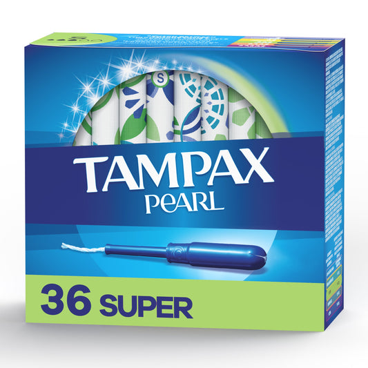 Unscented Tampax Pearl Tampons with leak guard braid for super absorbency, shown in a box with tampons inside.
