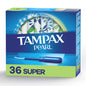 Unscented Tampax Pearl tampons with super absorbency and leak guard braid, displayed in a natural setting.