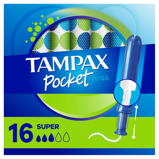 Tampax Pocket Pearl Compact Tampons with BPA-free plastic applicator, LeakGuard braid, for super absorbency, unscented, from Pasteur Pharmacy