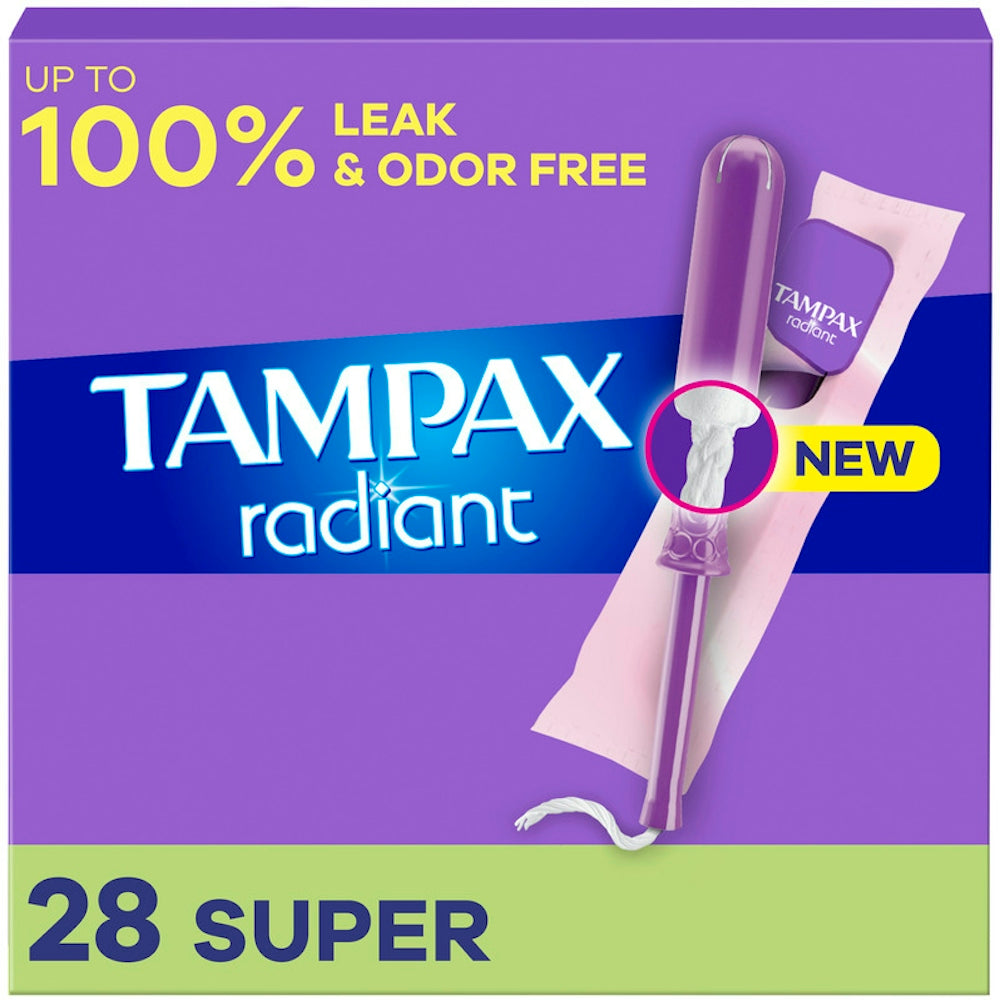 Unscented Tampax Radiant Super Absorbency Tampons displayed in a box, designed for reliable menstrual protection.
