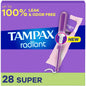 Unscented Tampax Radiant Super Absorbency Tampons displayed in a box, designed for reliable menstrual protection.