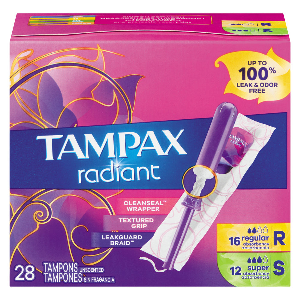 Tampax Radiant Tampons Duo Pack with Light and Regular Absorbency, LeakGuard Braid, Unscented, displayed in a box.