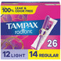 Pasteur Pharmacy Tampax Radiant Tampons Duo Pack with LeakGuard Braid, light to regular absorbency, unscented, in sealed packaging.