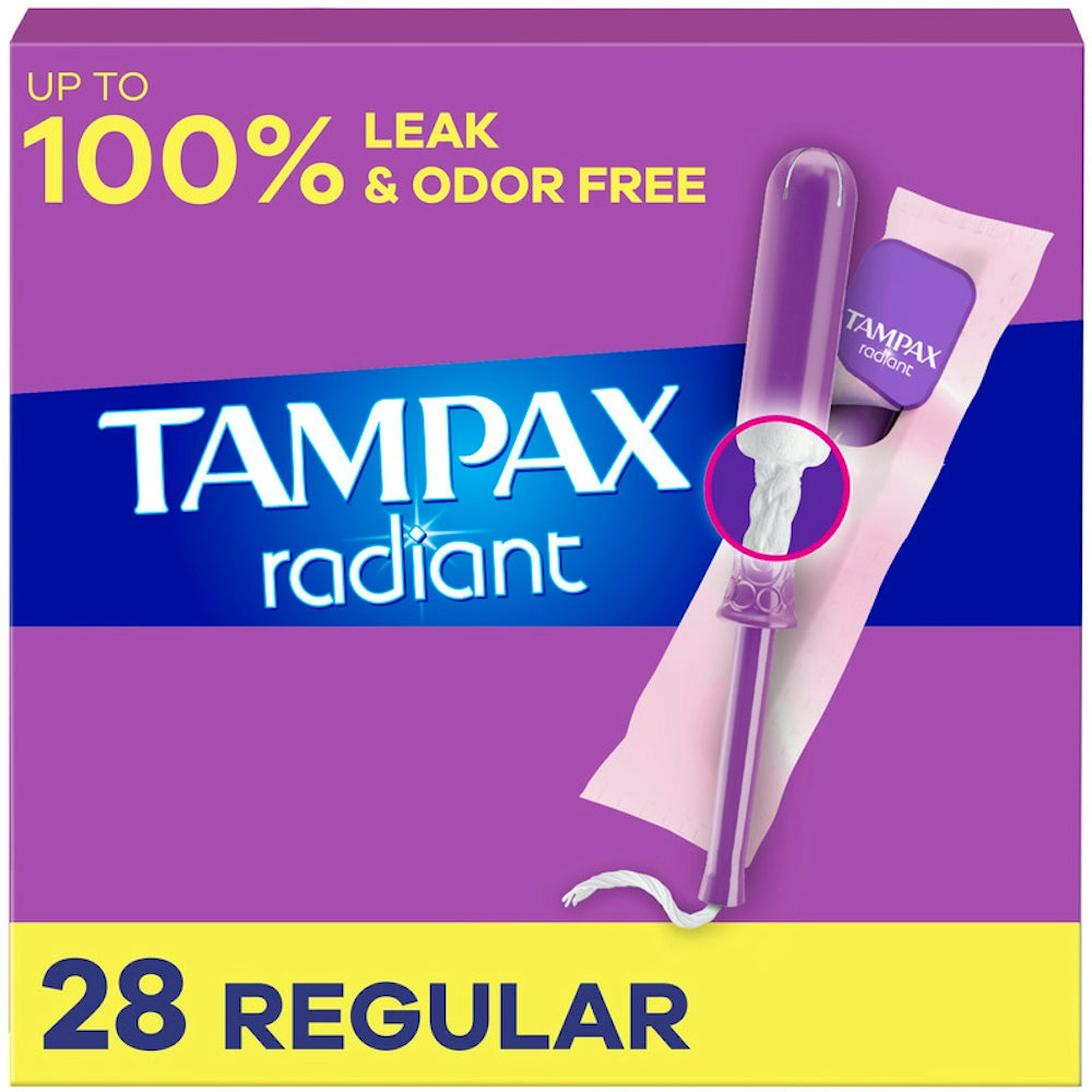 Tampax Radiant regular absorbency unscented tampons with Leak Guard Braid, shown in their packaging.