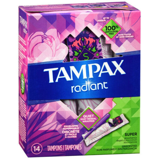 Tampax Radiant Tampons with Leak Guard Braid, super absorbency, unscented, in a sealed package, by Pasteur Pharmacy.