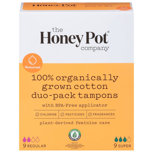 Pack of The Honey Pot Company regular and super tampons in a duo pack, displayed with the product packaging and branding.