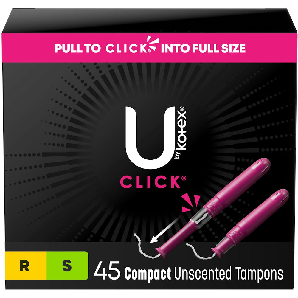 U by Kotex Click Compact Tampons in regular and super sizes, stored in a multipack, designed for discreet protection.