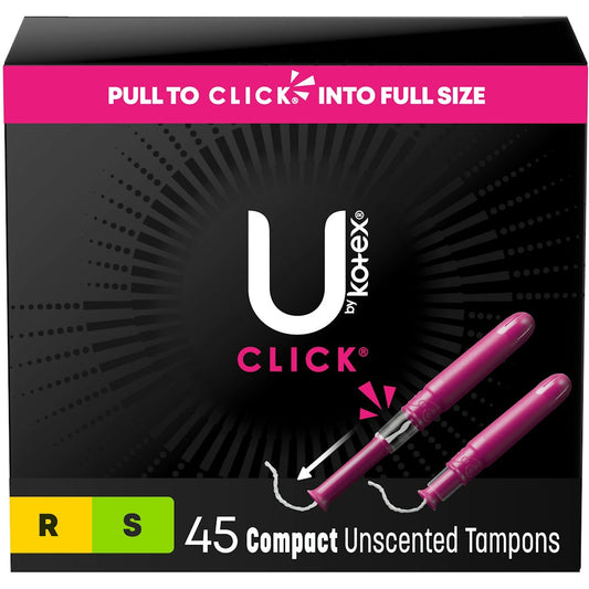 U by Kotex Click Compact Tampons in regular and super sizes, stored in a multipack, designed for discreet protection.