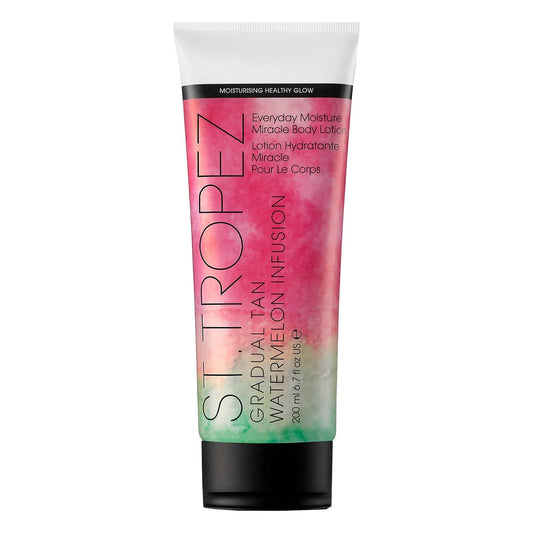 St. Tropez Watermelon Infusion Tanning Lotion by Pasteur Pharmacy, 6.7 oz, with a smooth, moisturizing tan lotion texture.
