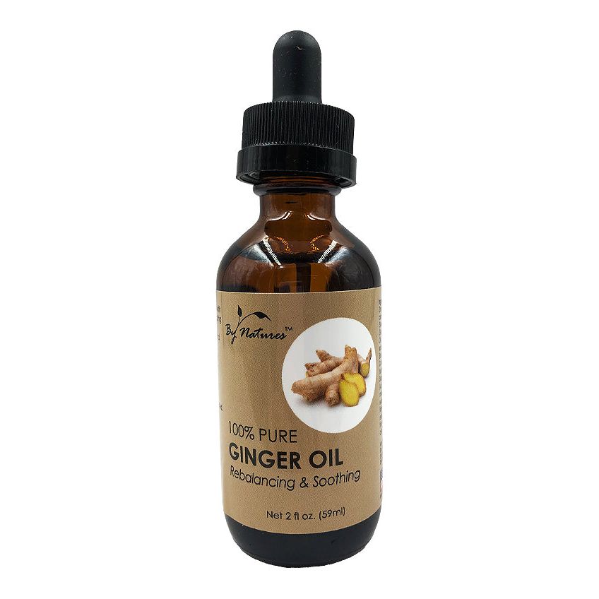 Bottle of By Natures 100% Pure Ginger Oil tanning oil and lotion in 2 oz container, natural product for skin tanning.