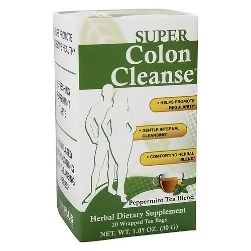 Health Plus Super Colon Cleanse Peppermint Tea in a box with 20 infusion bags, natural herbal tea for digestive health.