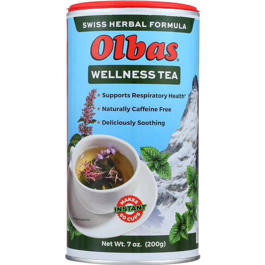 Olbas Herbal Tea in 7oz package, a herbal infusion by Pasteur Pharmacy, shown in a clear tea cup with herbal ingredients.