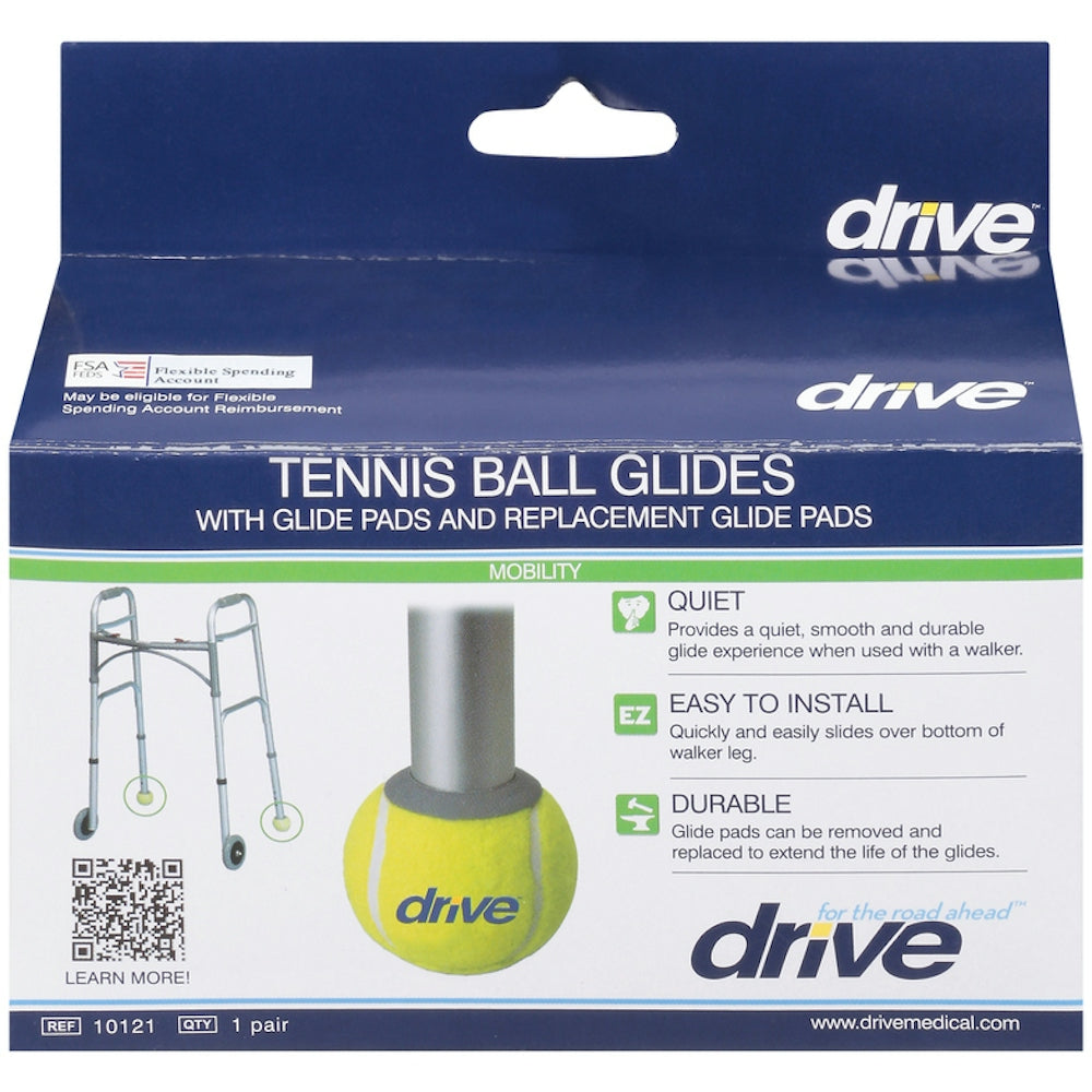 Drive Medical Walker rear tennis ball glides with replacement pads, designed for easy mobility and smooth movement.