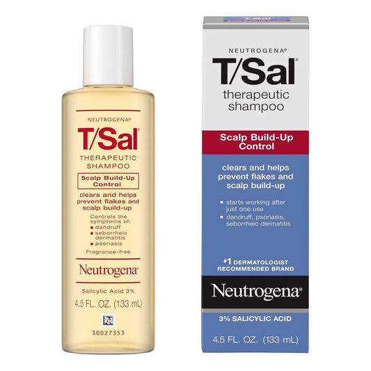 Neutrogena T/Sal Scalp Build-Up Control Therapeutic Shampoo in 4.5 fl oz bottle, designed for scalp and hair cleansing.