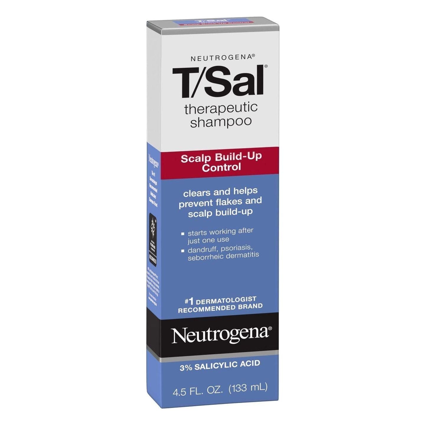Neutrogena T/Sal Scalp Build-Up Control Therapeutic Shampoo in 4.5 fl oz bottle, designed for scalp cleansing and build-up control.