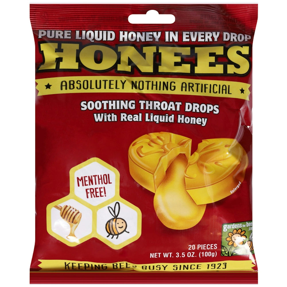 Honees Throat Drops by Pasteur Pharmacy with real liquid honey, soothing relief for sore throats in a clear package.